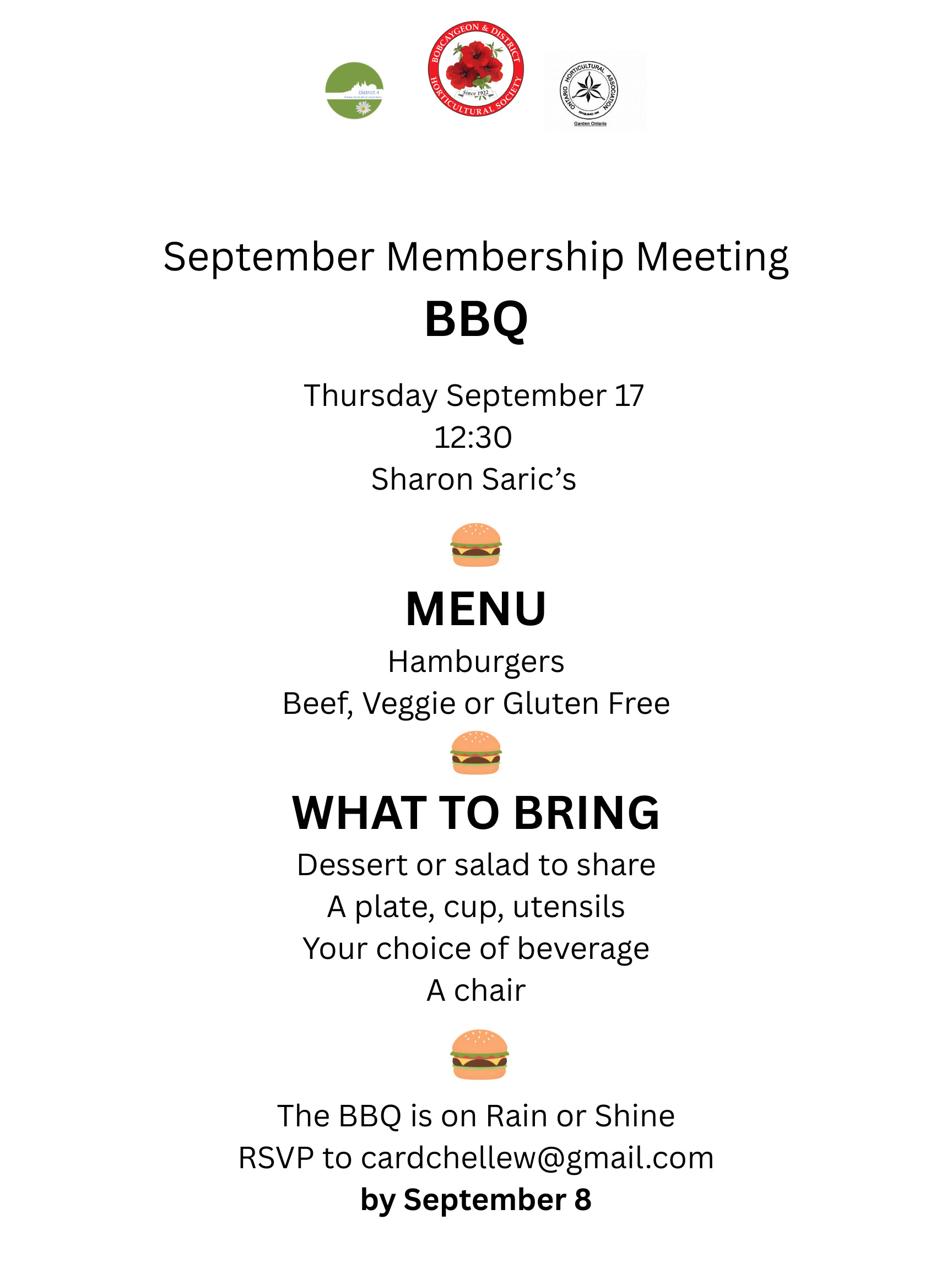 September Membership Meeting BBQ Thursday September 17 12:30 at